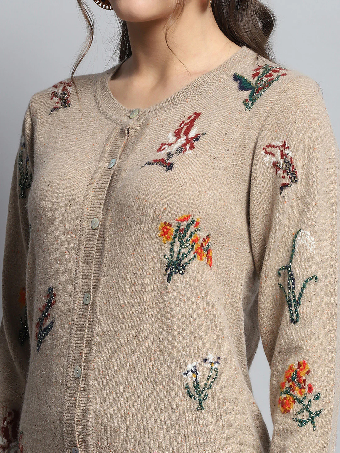 Women Camel Brown Self Design Round Neck Full Sleeve Cardigan - Image 6