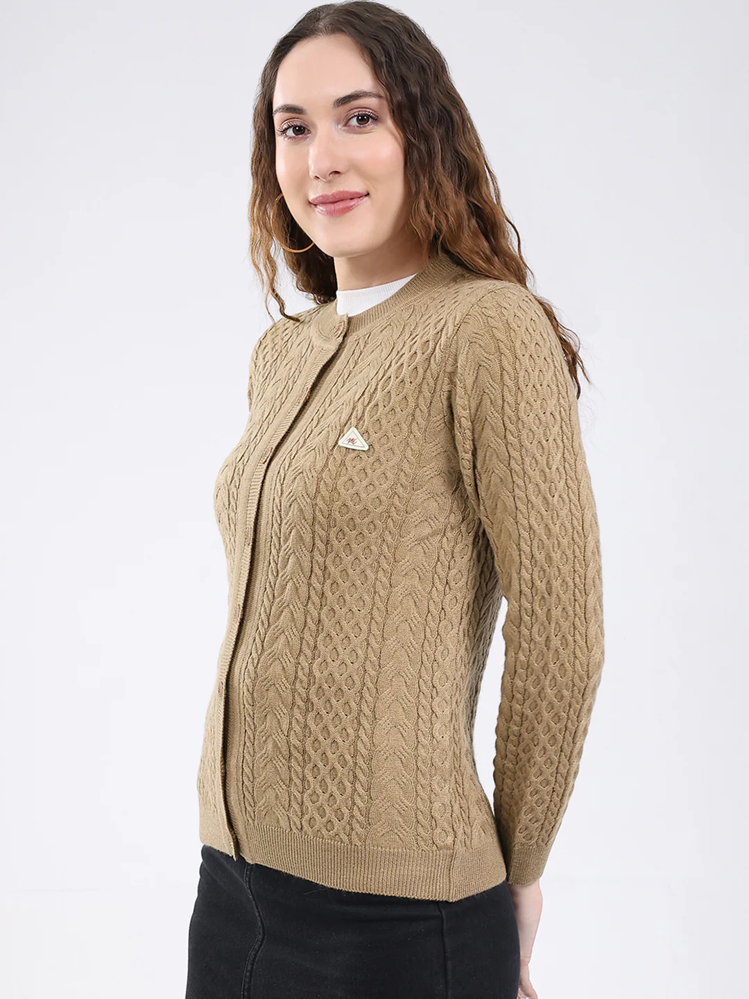 Women Camel Brown Self Design Round Neck Full Sleeve Cardigan - Image 3
