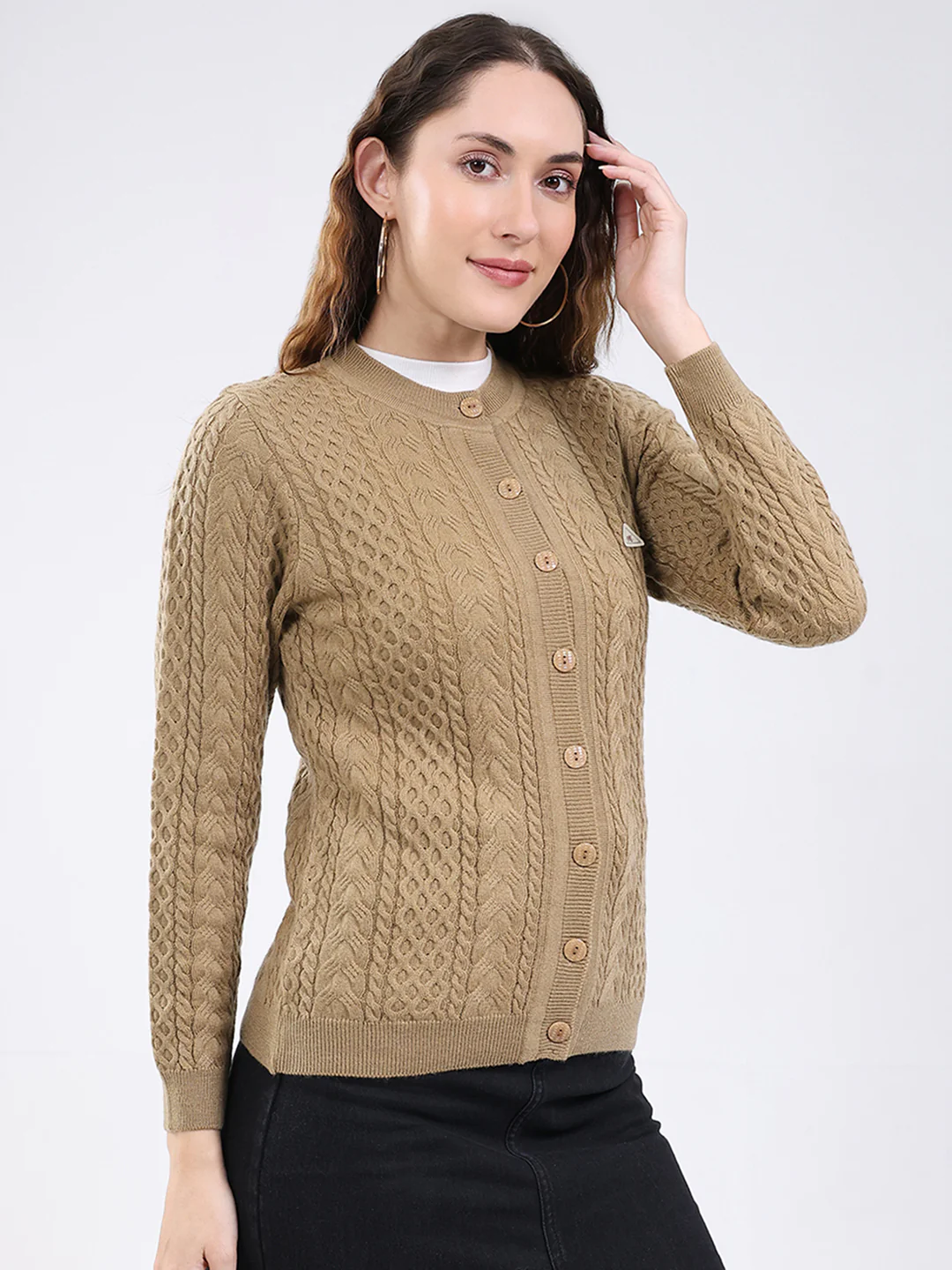Women Camel Brown Self Design Round Neck Full Sleeve Cardigan - Image 4