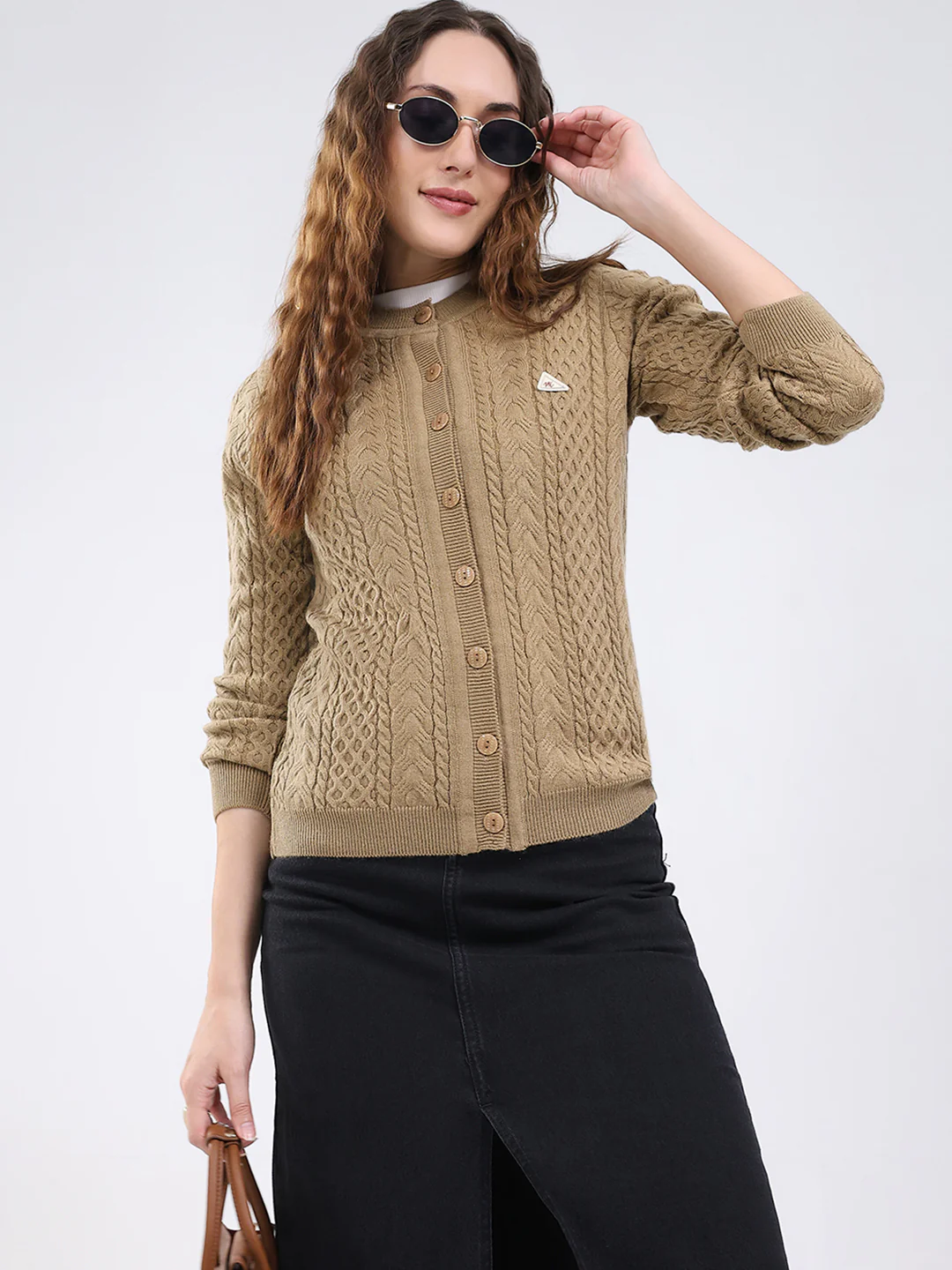 Women Camel Brown Self Design Round Neck Full Sleeve Cardigan - Image 6