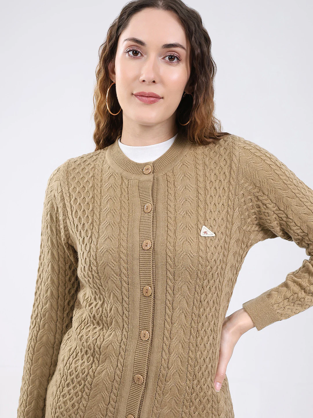 Women Camel Brown Self Design Round Neck Full Sleeve Cardigan - Image 7