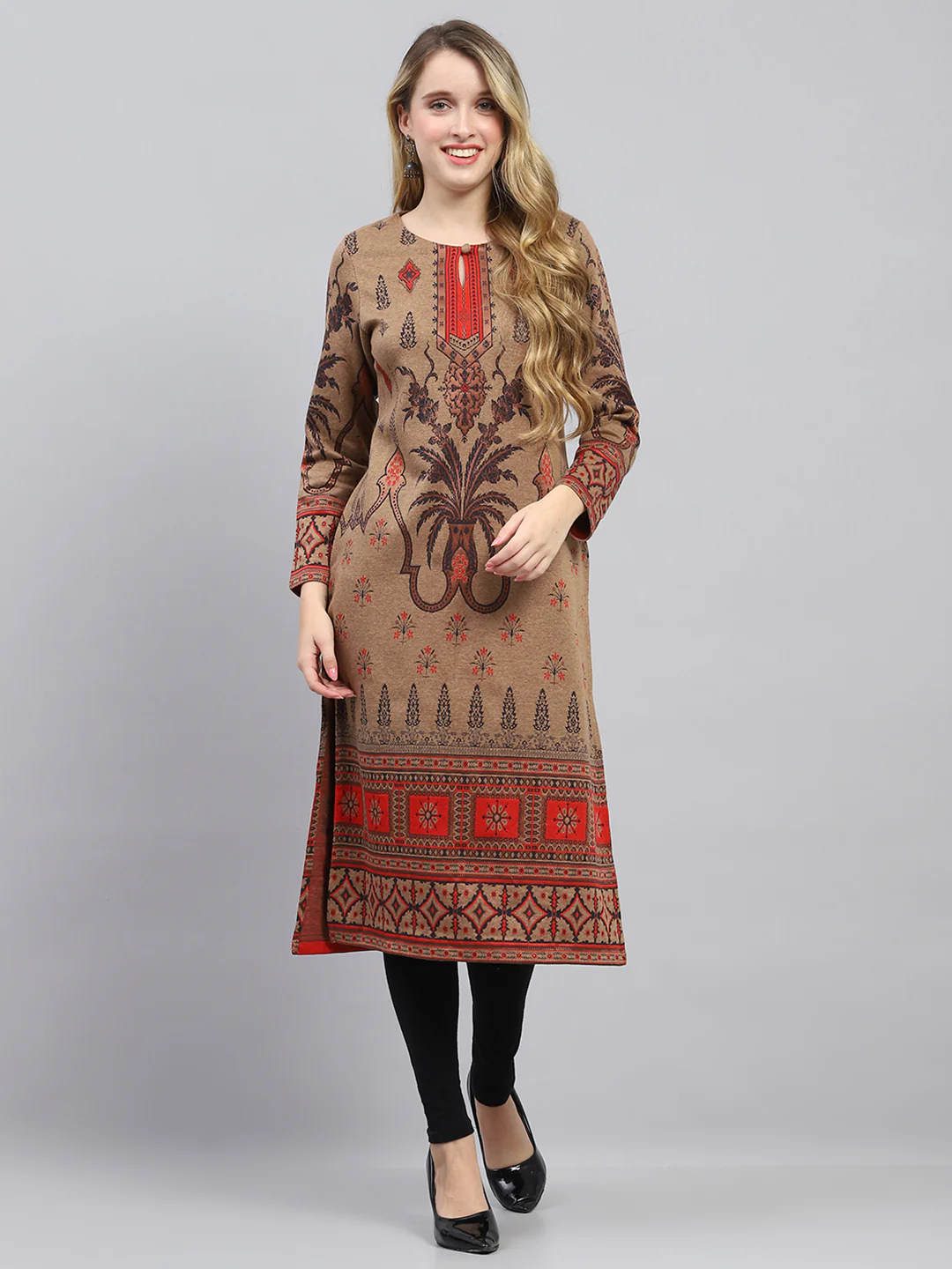 Women Camel Brown Self Design Round Neck Full Sleeve Winter Kurti