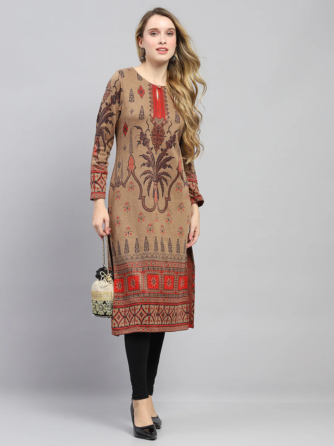 Women Camel Brown Self Design Round Neck Full Sleeve Winter Kurti - Image 2