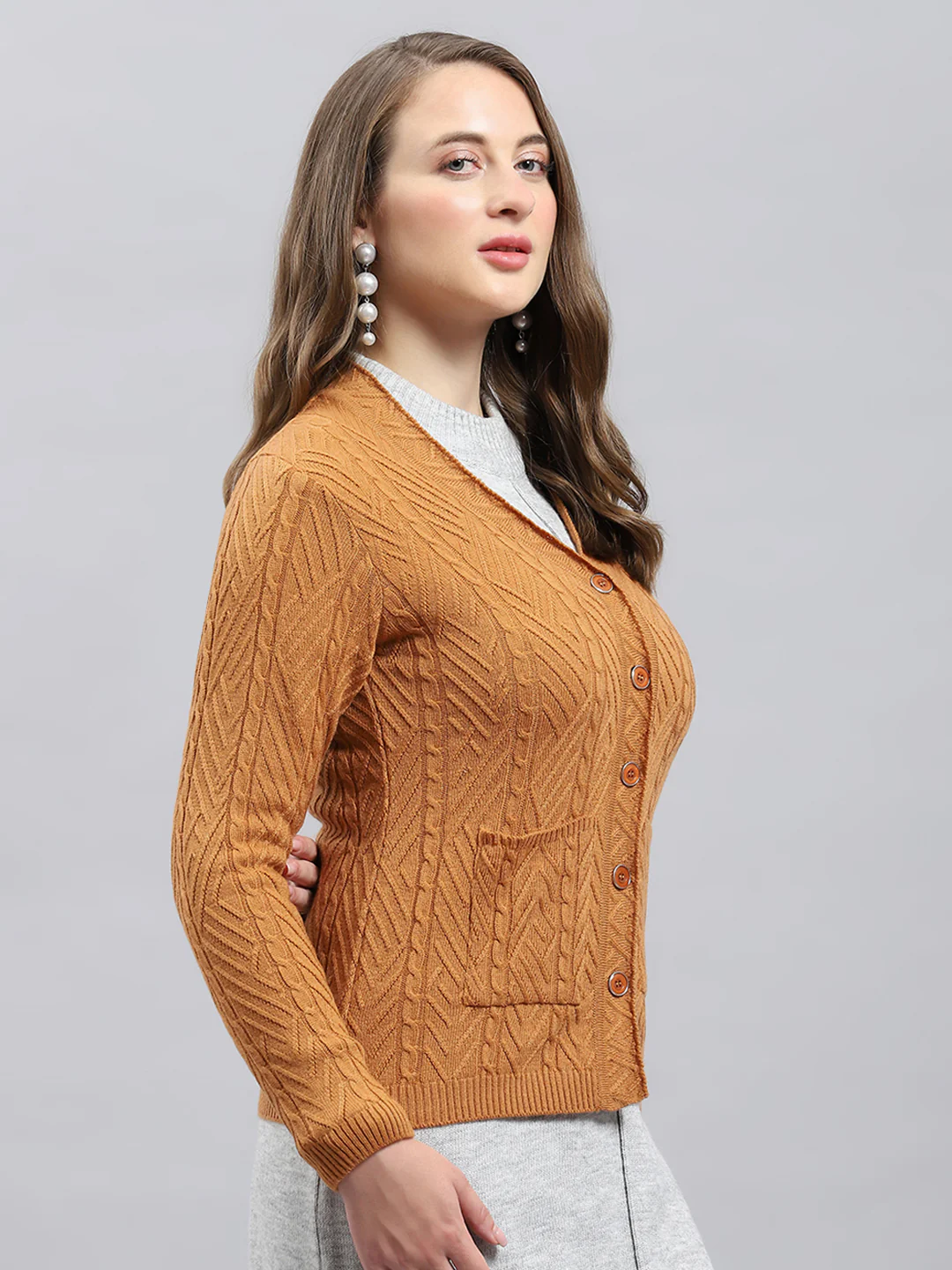 Women Camel Brown Self Design V Neck Full Sleeve Cardigan - Image 4