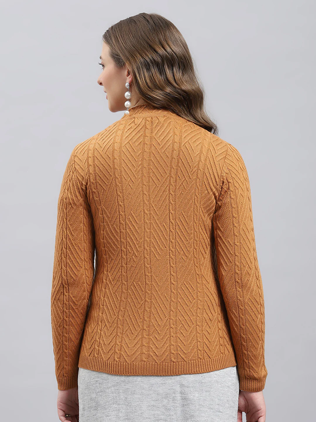 Women Camel Brown Self Design V Neck Full Sleeve Cardigan - Image 5