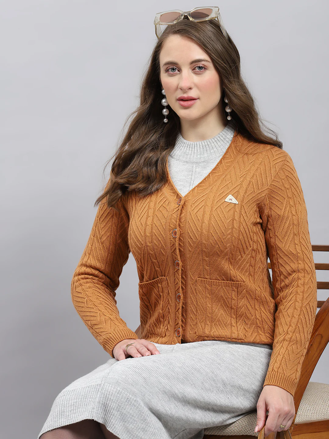 Women Camel Brown Self Design V Neck Full Sleeve Cardigan - Image 6
