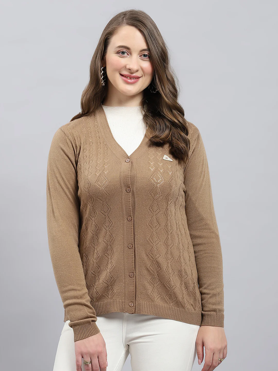 Women Camel Brown Self Design V Neck Full Sleeve Cardigan