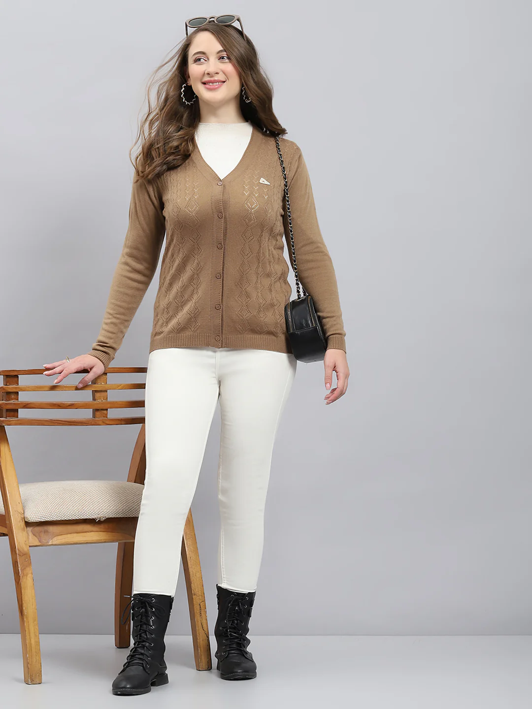 Women Camel Brown Self Design V Neck Full Sleeve Cardigan - Image 2