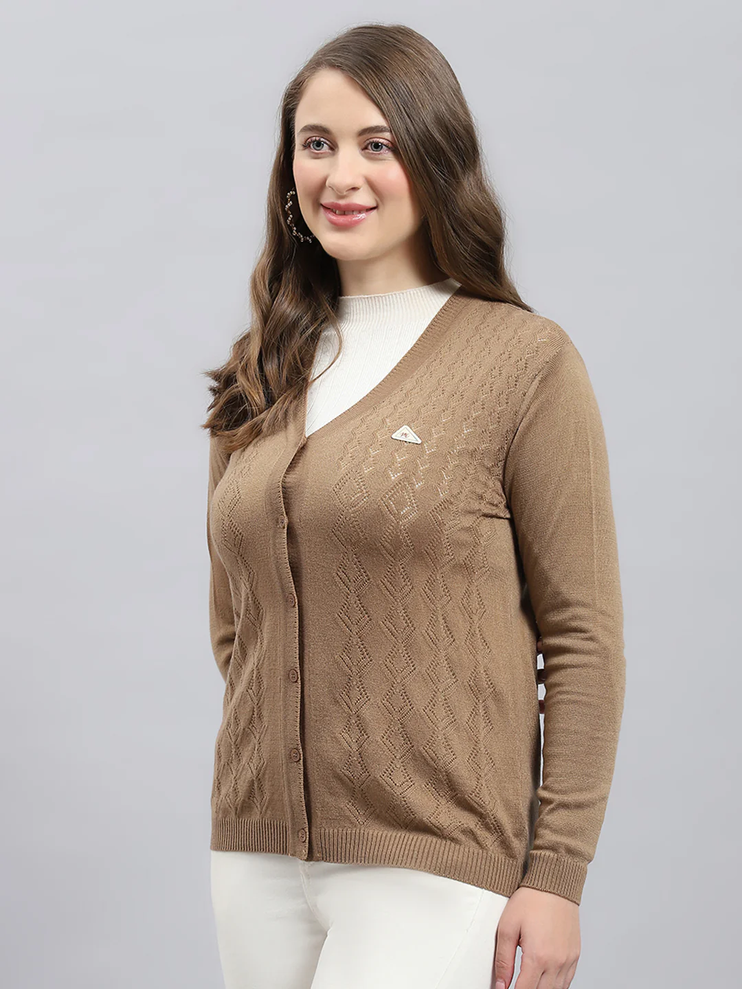 Women Camel Brown Self Design V Neck Full Sleeve Cardigan - Image 3