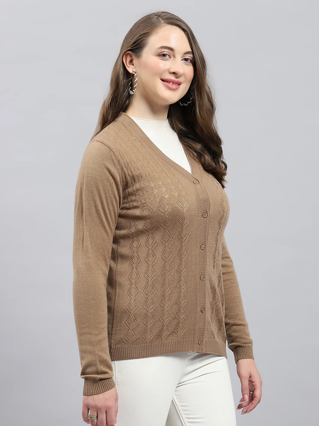 Women Camel Brown Self Design V Neck Full Sleeve Cardigan - Image 4