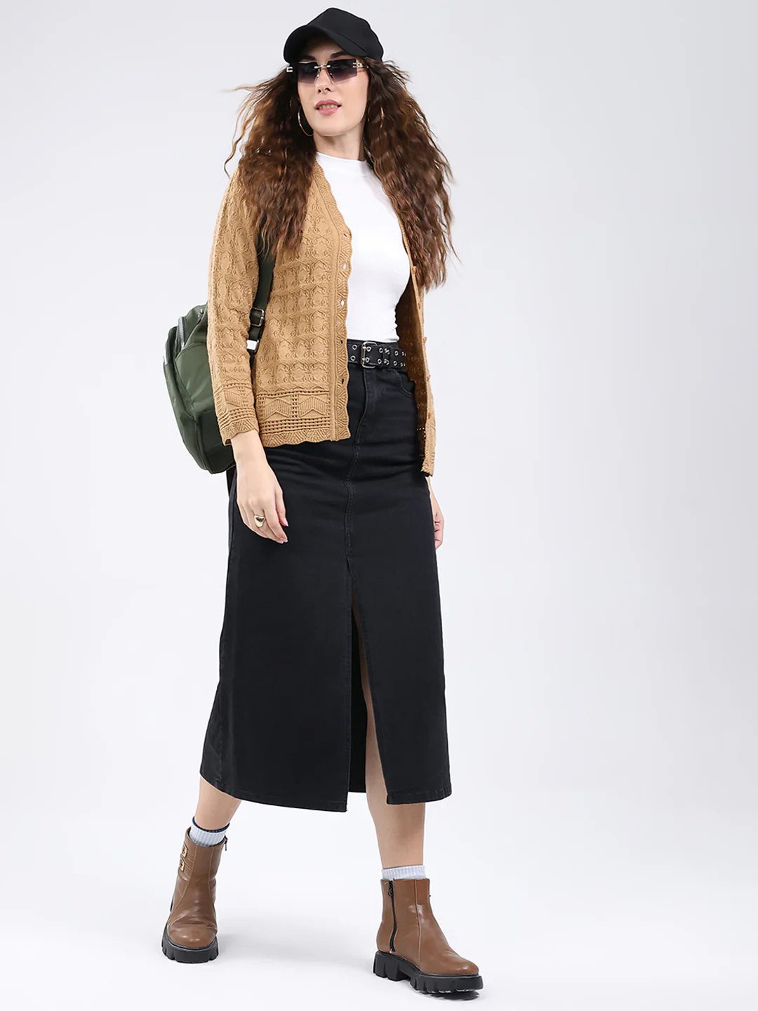 Women Camel Brown Self Design V Neck Full Sleeve Cardigan - Image 2