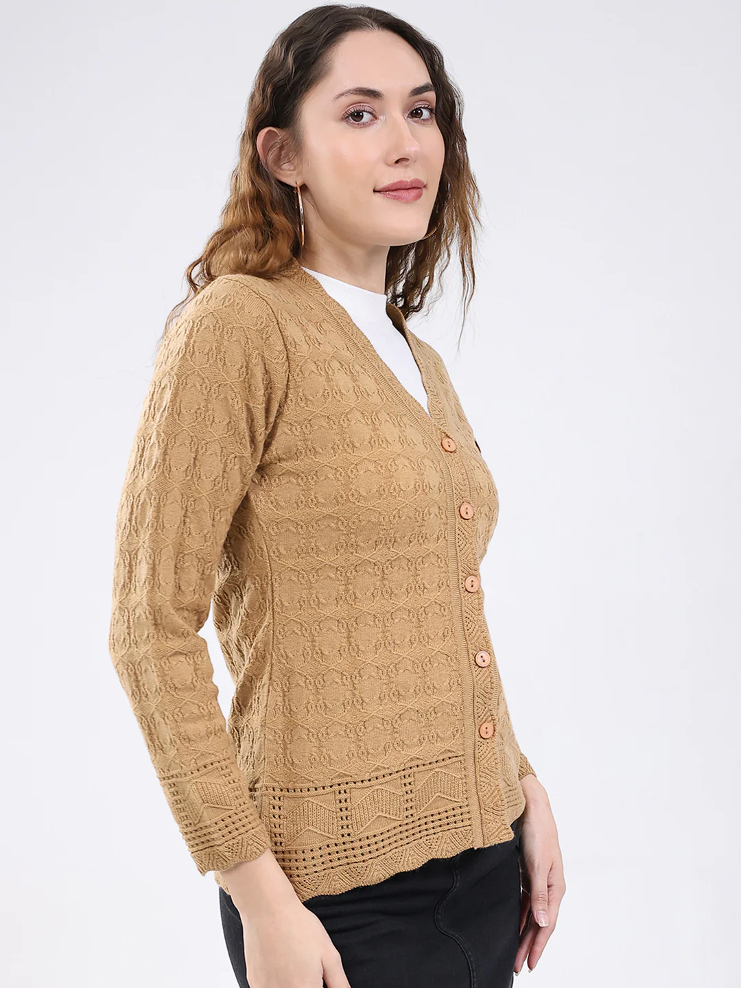 Women Camel Brown Self Design V Neck Full Sleeve Cardigan - Image 4