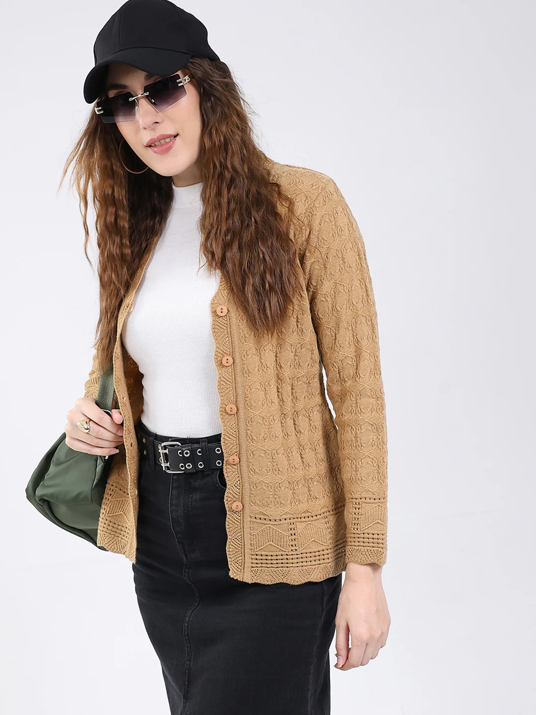 Women Camel Brown Self Design V Neck Full Sleeve Cardigan - Image 6