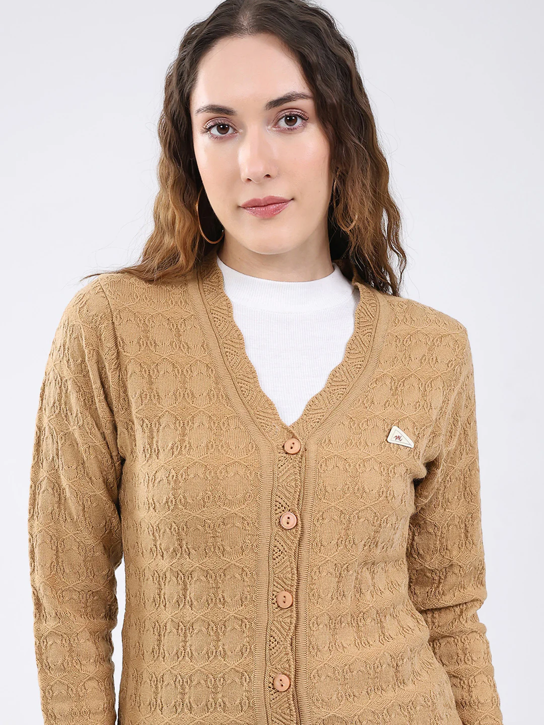Women Camel Brown Self Design V Neck Full Sleeve Cardigan - Image 7