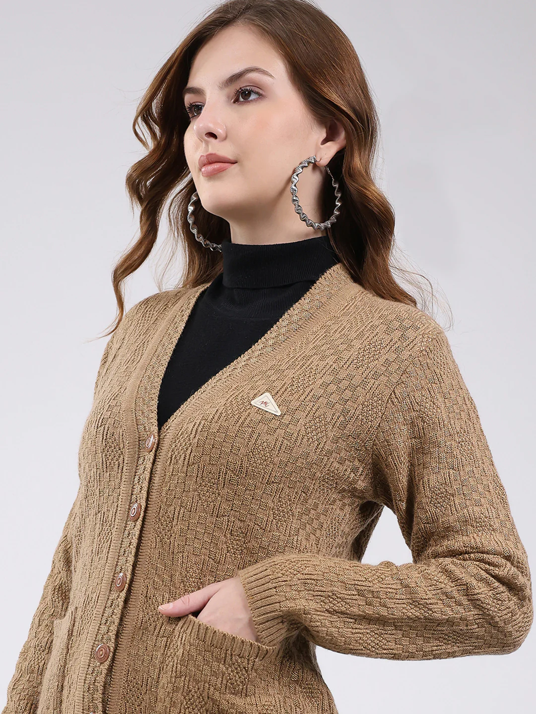 Women Camel Brown Self Design V Neck Full Sleeve Cardigan - Image 7