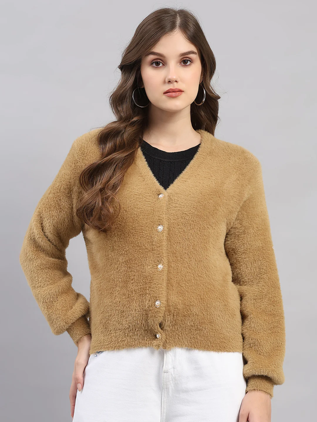 Women Camel Brown Self Design V Neck Full Sleeve Cardigan