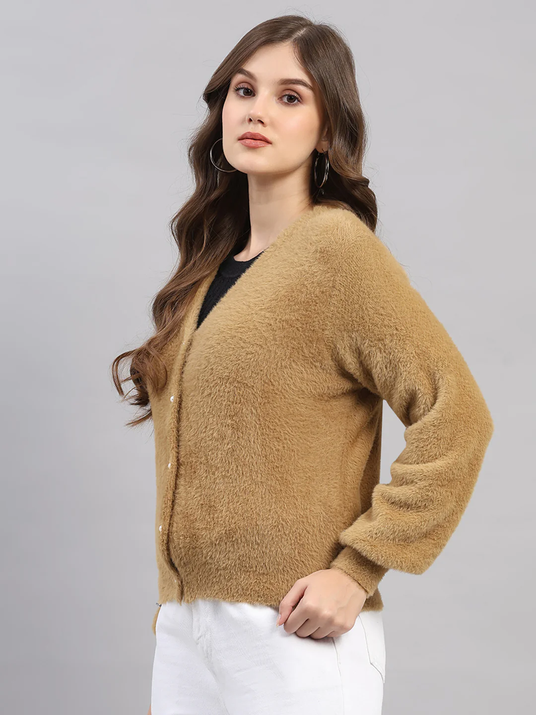 Women Camel Brown Self Design V Neck Full Sleeve Cardigan - Image 3