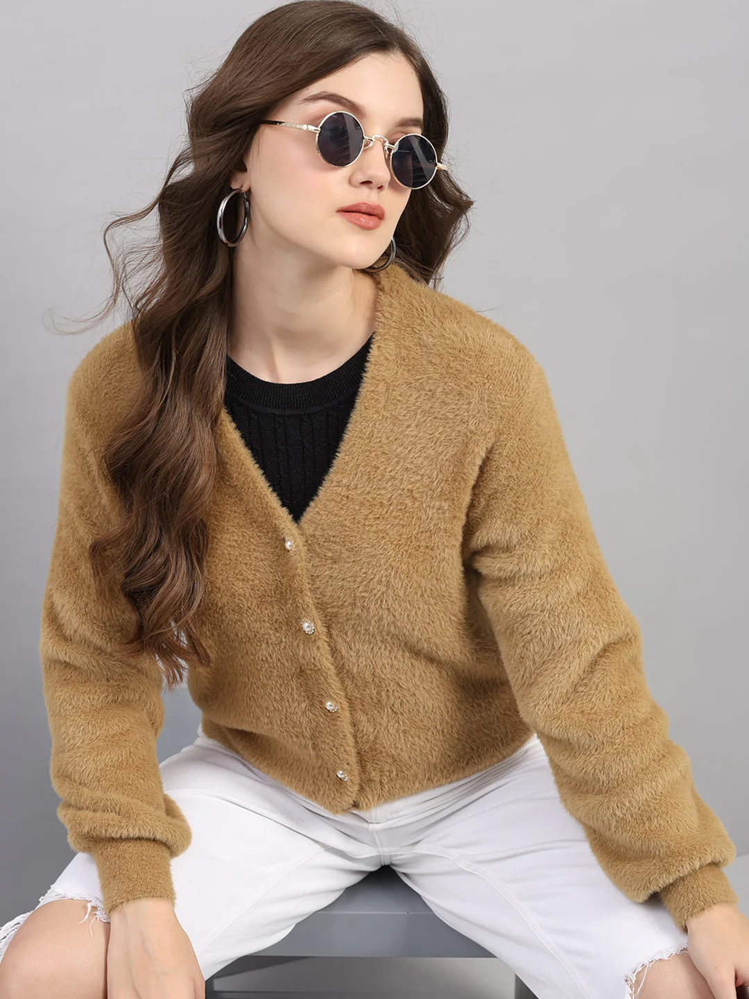 Women Camel Brown Self Design V Neck Full Sleeve Cardigan - Image 6