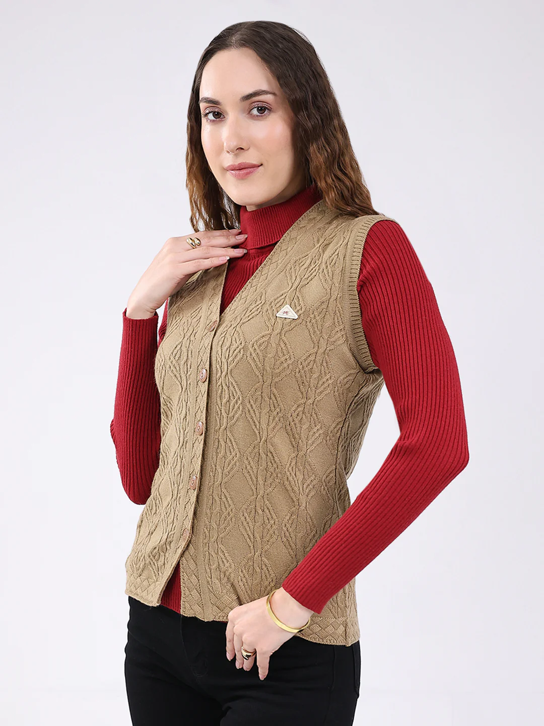 Women Camel Brown Self Design V Neck Sleeveless Cardigan - Image 3
