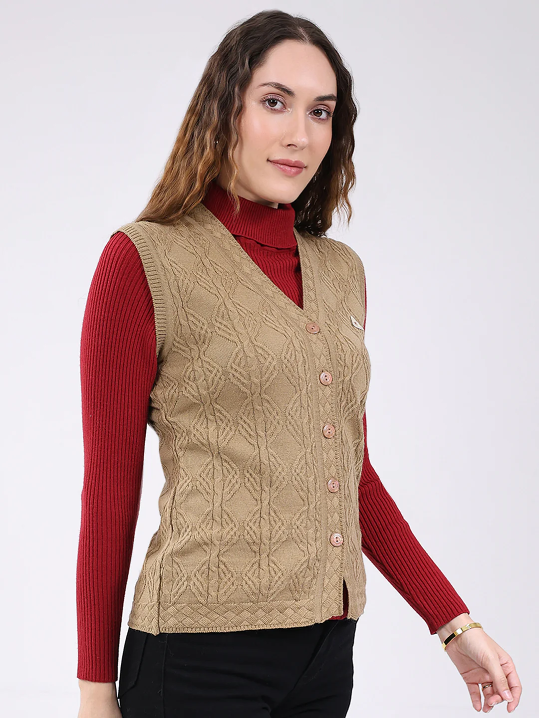 Women Camel Brown Self Design V Neck Sleeveless Cardigan - Image 4