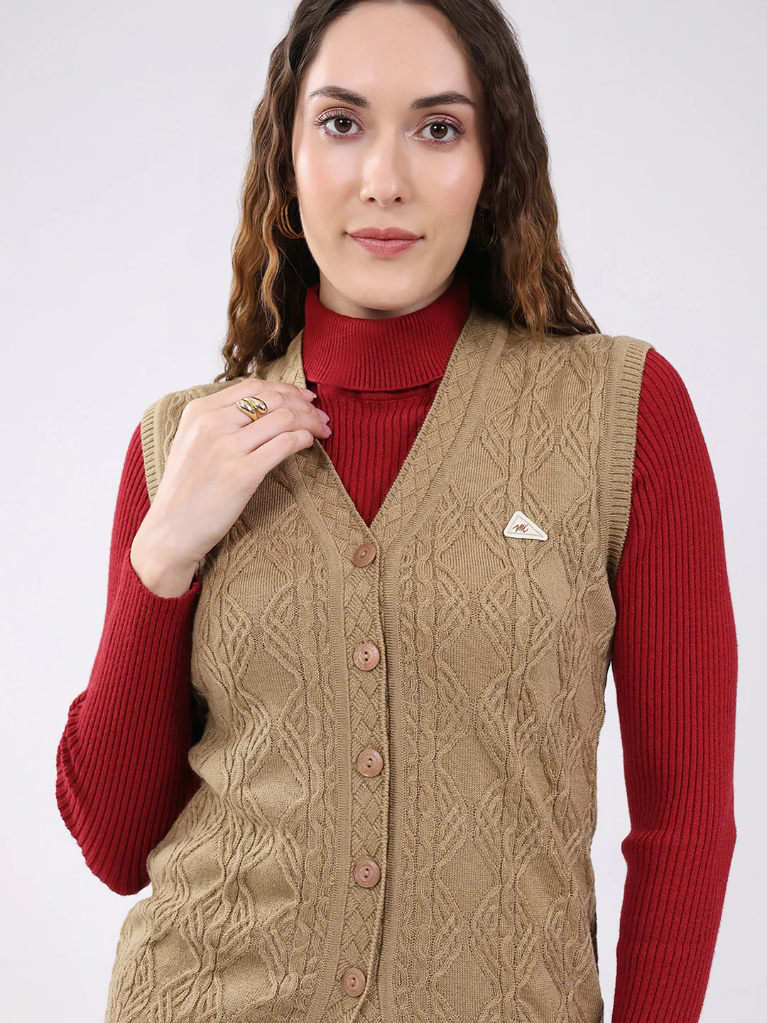 Women Camel Brown Self Design V Neck Sleeveless Cardigan - Image 6