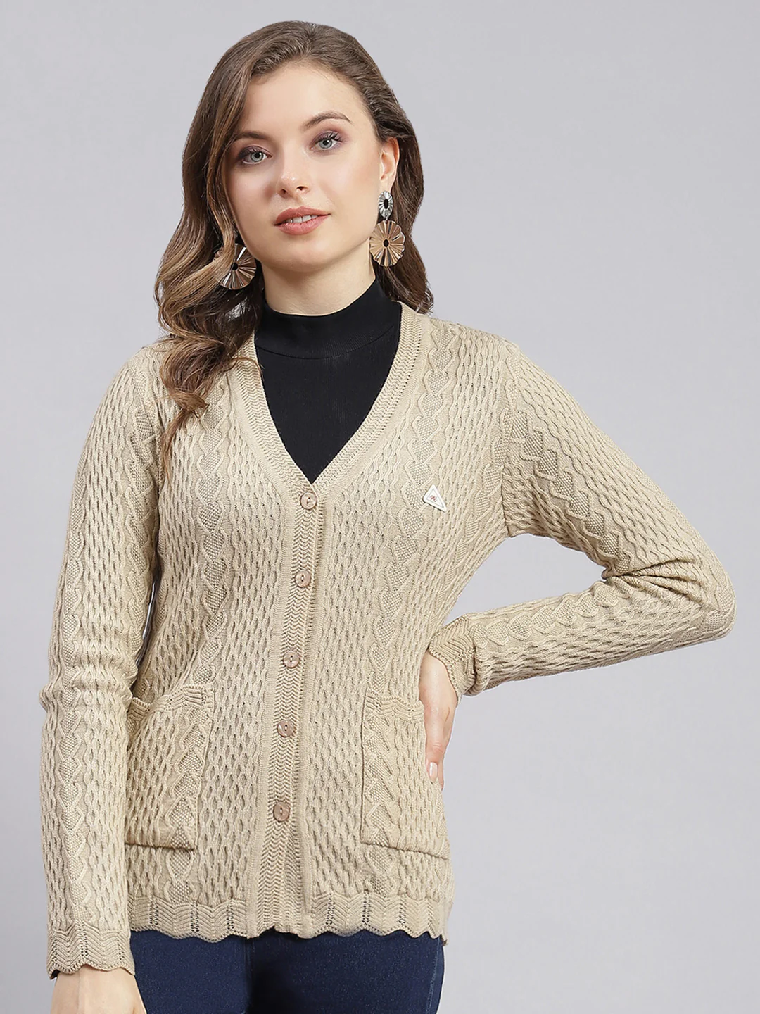 Women Camel Brown Self Design Wool blend Cardigan