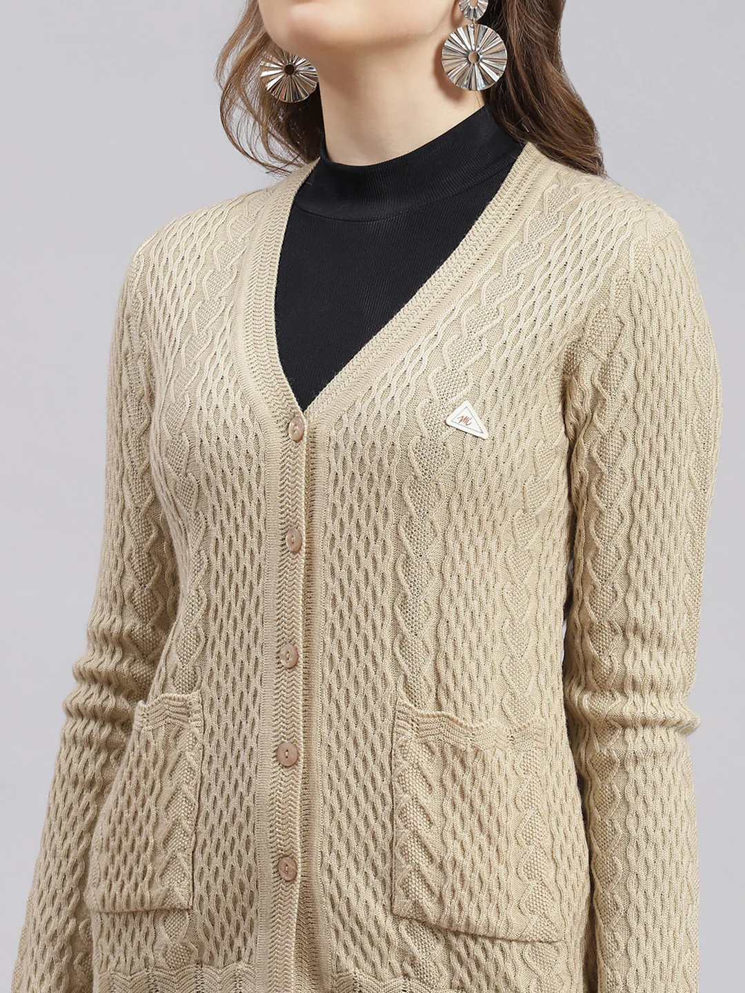 Women Camel Brown Self Design Wool blend Cardigan - Image 6