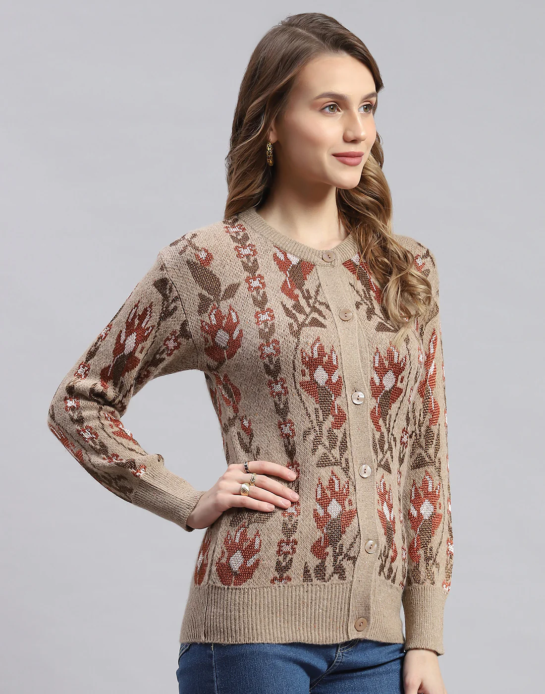Women Camel Brown Self Design Round Neck Full Sleeve Cardigans - Image 4