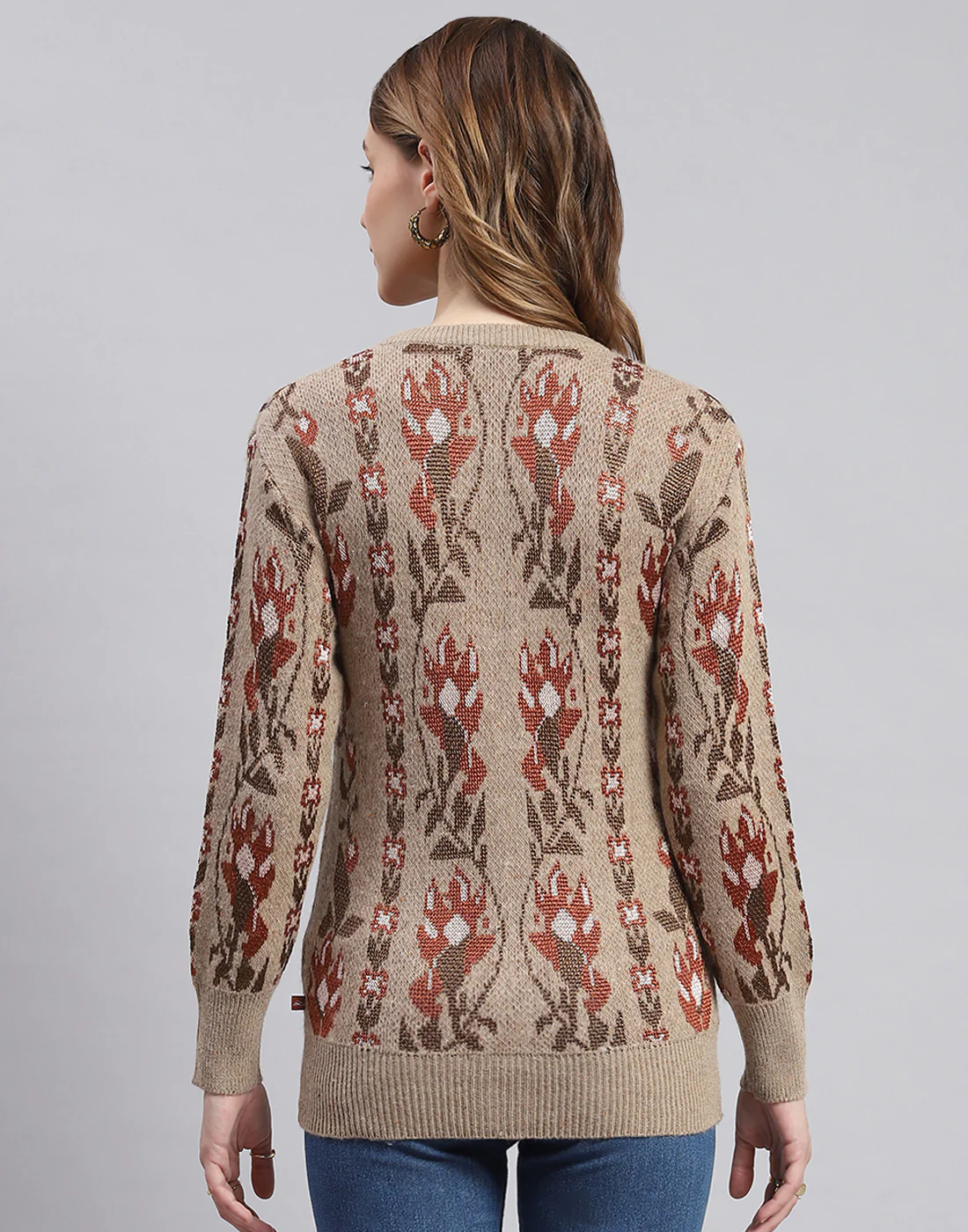 Women Camel Brown Self Design Round Neck Full Sleeve Cardigans - Image 5