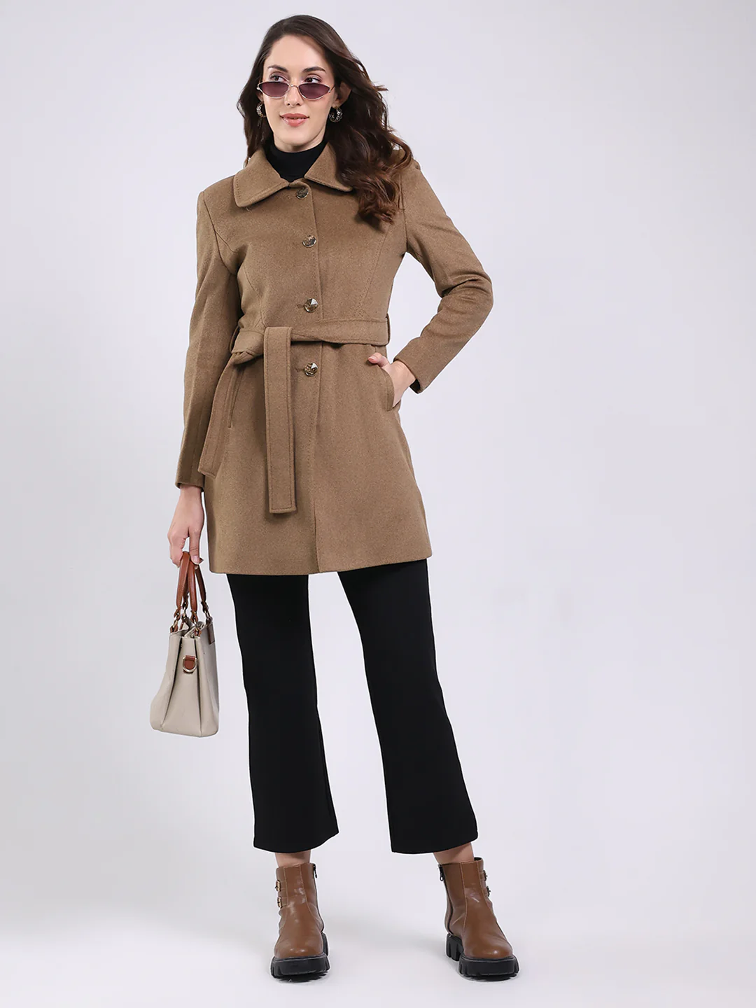 Women Camel Brown Solid Collar Full Sleeve Coat - Image 2