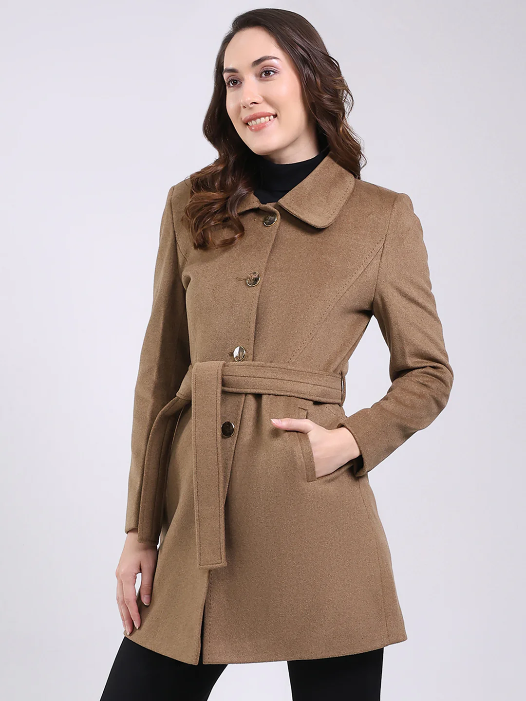 Women Camel Brown Solid Collar Full Sleeve Coat - Image 3