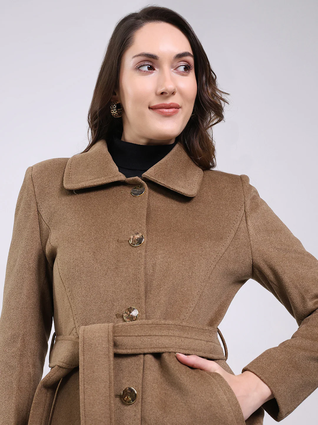 Women Camel Brown Solid Collar Full Sleeve Coat - Image 6