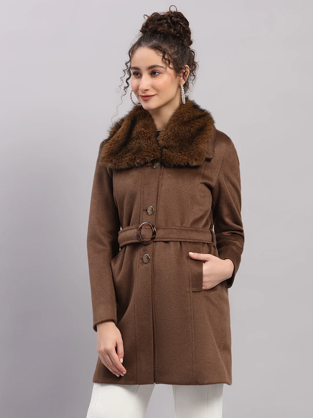 Women Camel Brown Solid Collar Full Sleeve Coat - Image 3