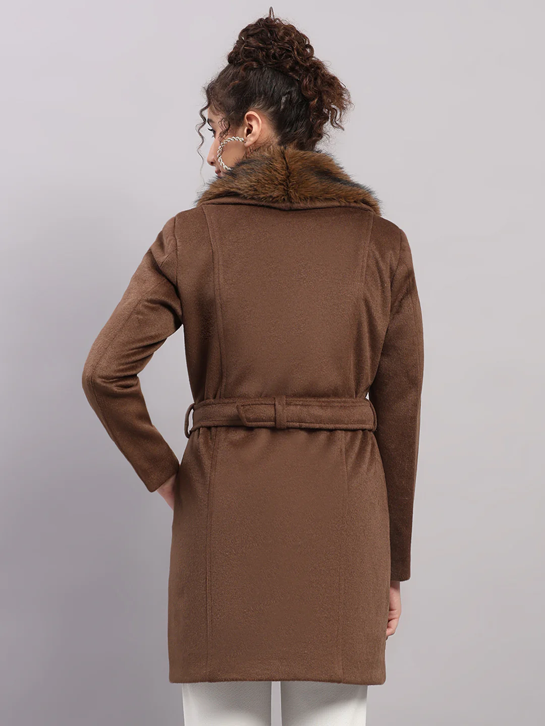 Women Camel Brown Solid Collar Full Sleeve Coat - Image 5