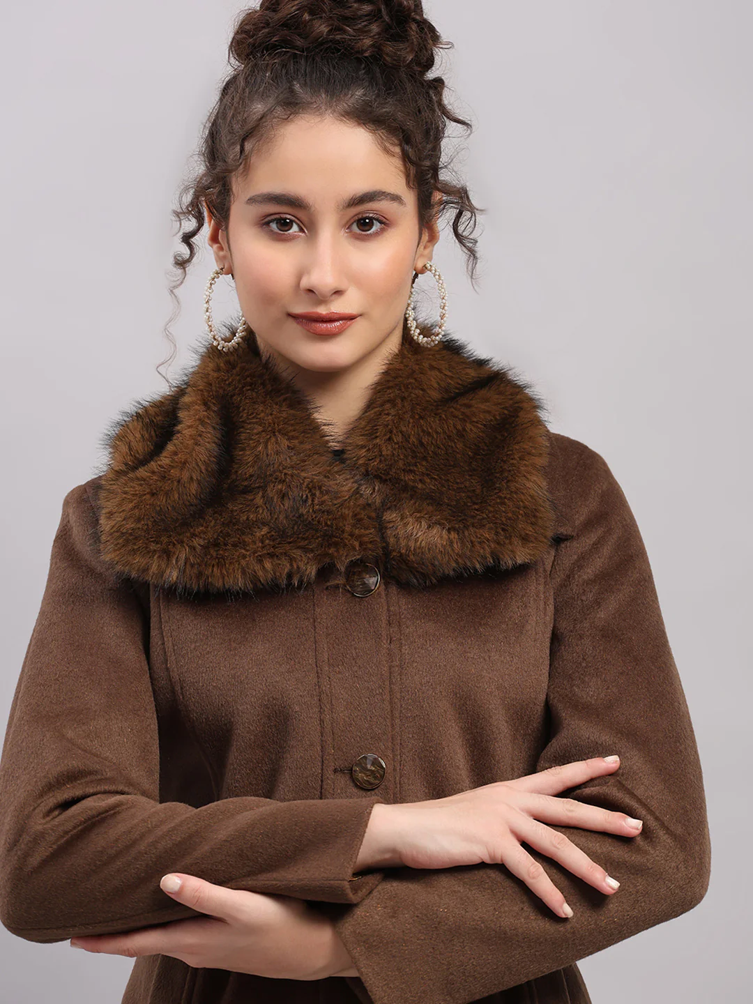 Women Camel Brown Solid Collar Full Sleeve Coat - Image 7