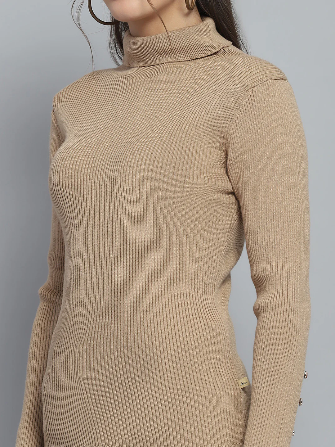 Women Camel Brown Solid High Neck Full Sleeve Sceavy - Image 7