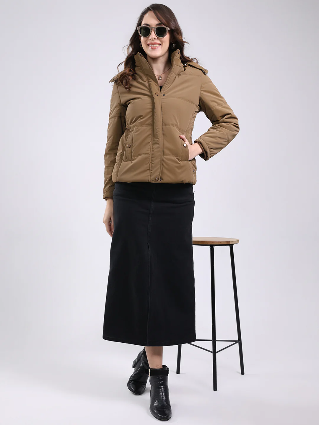 Women Camel Brown Solid Hooded Full Sleeve Jacket - Image 2