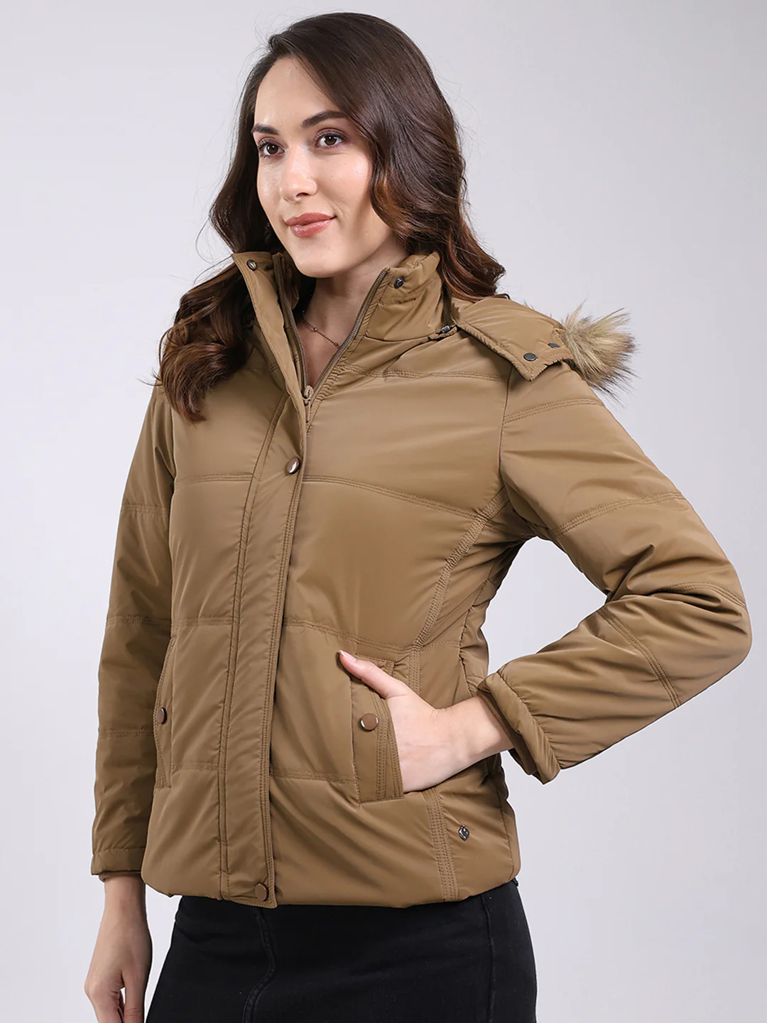 Women Camel Brown Solid Hooded Full Sleeve Jacket - Image 3