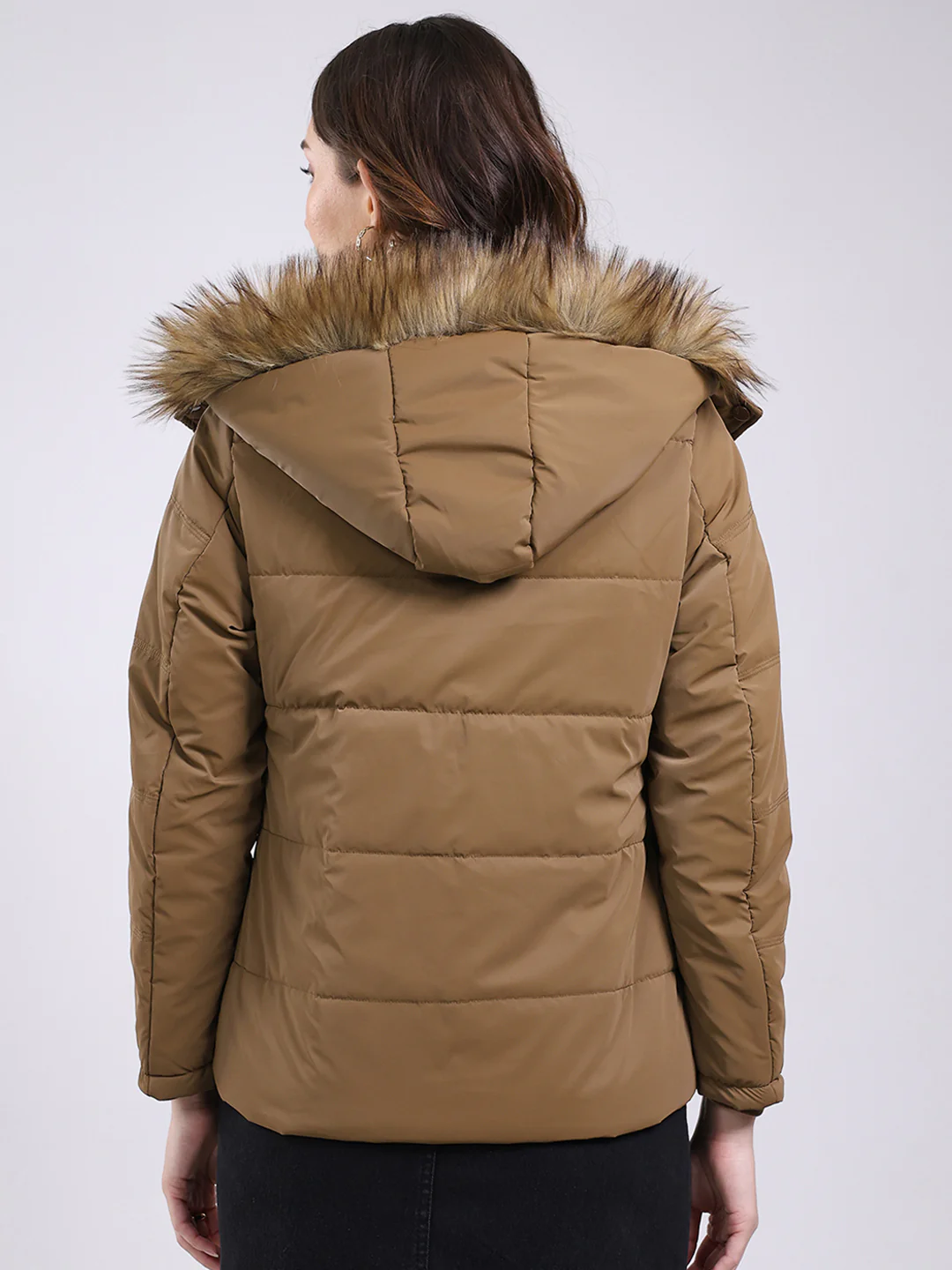 Women Camel Brown Solid Hooded Full Sleeve Jacket - Image 5