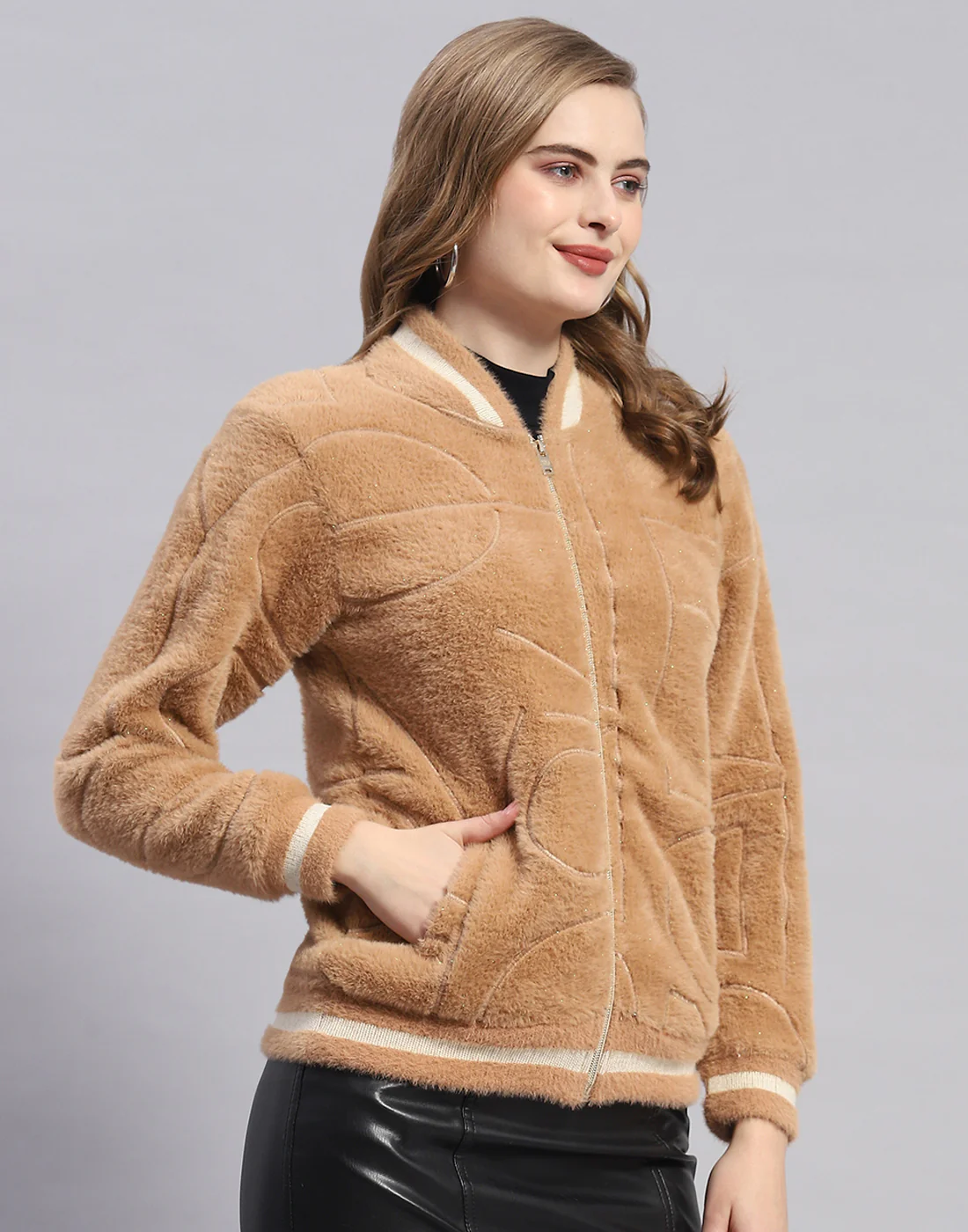 Women Camel Brown Solid Mandarin Collar Full Sleeve Sweatshirt - Image 4