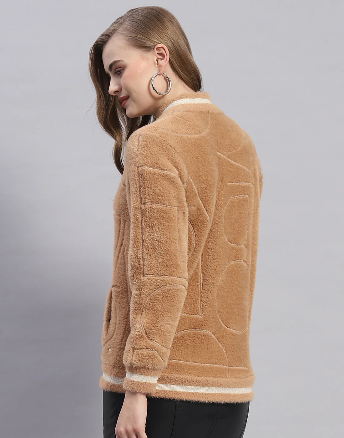 Women Camel Brown Solid Mandarin Collar Full Sleeve Sweatshirt - Image 5