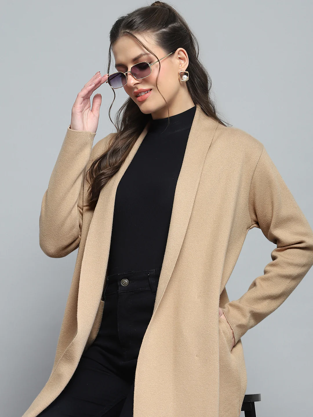 Women Camel Brown Solid Notch Lapel Collar Full Sleeve Cardigan - Image 6