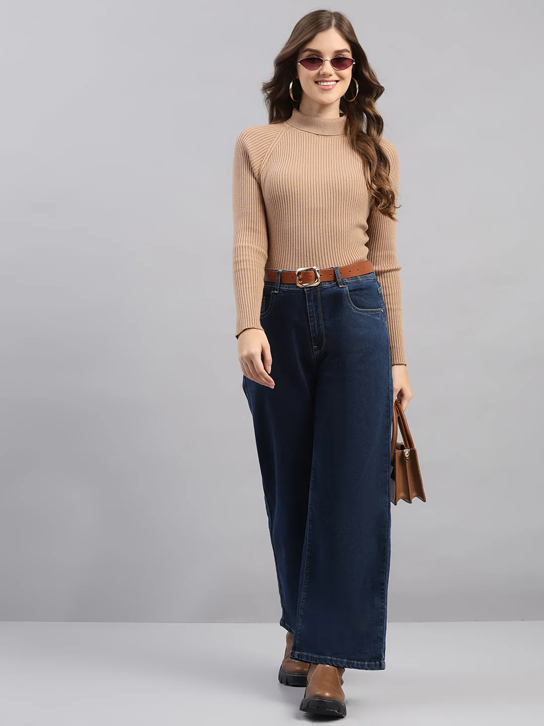 Women Camel Brown Solid Round Neck Full Sleeve Sceavy - Image 2