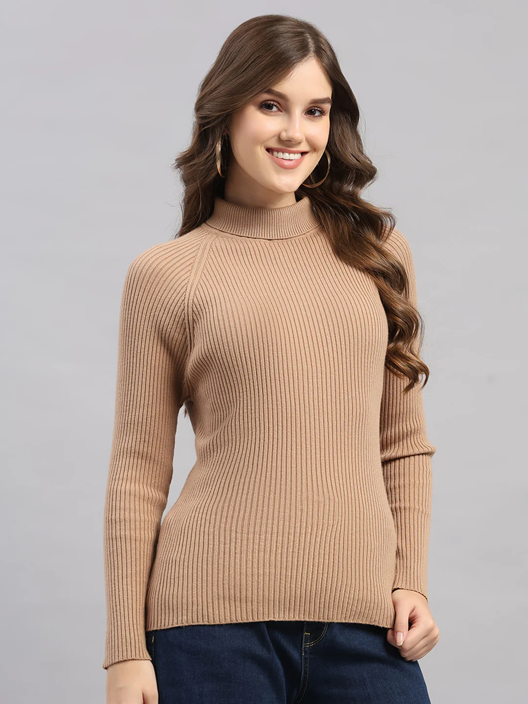 Women Camel Brown Solid Round Neck Full Sleeve Sceavy - Image 4