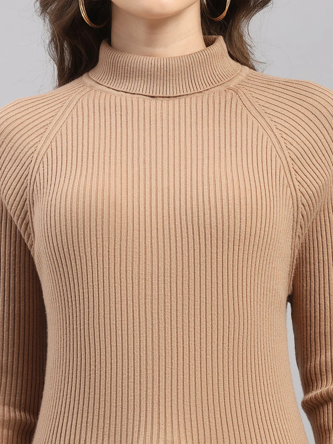 Women Camel Brown Solid Round Neck Full Sleeve Sceavy - Image 7