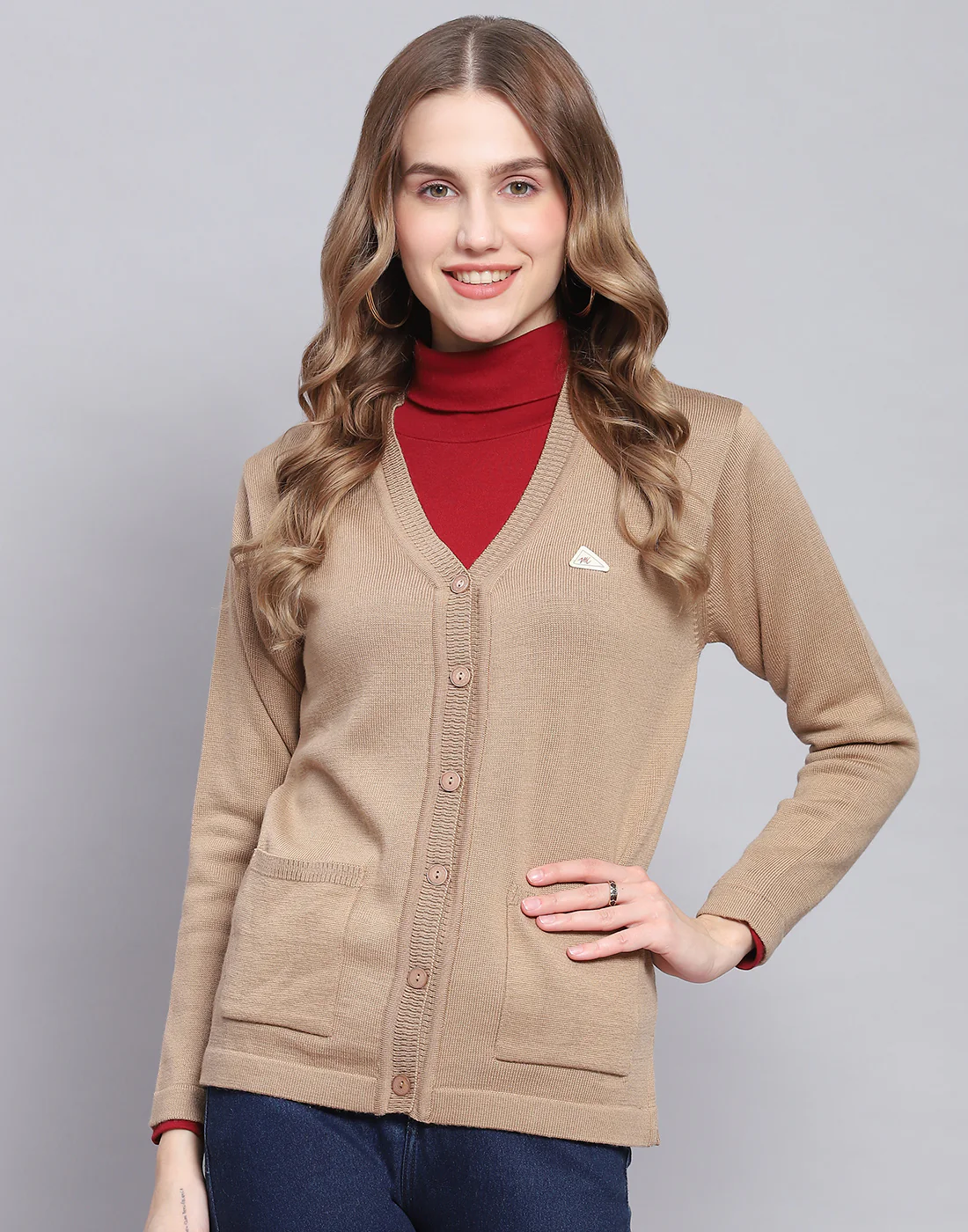 Women Camel Brown Solid V Neck Full Sleeve Cardigan - Image 2
