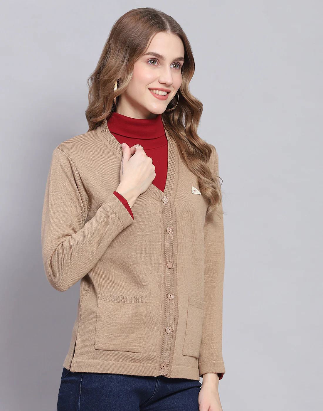 Women Camel Brown Solid V Neck Full Sleeve Cardigan - Image 4