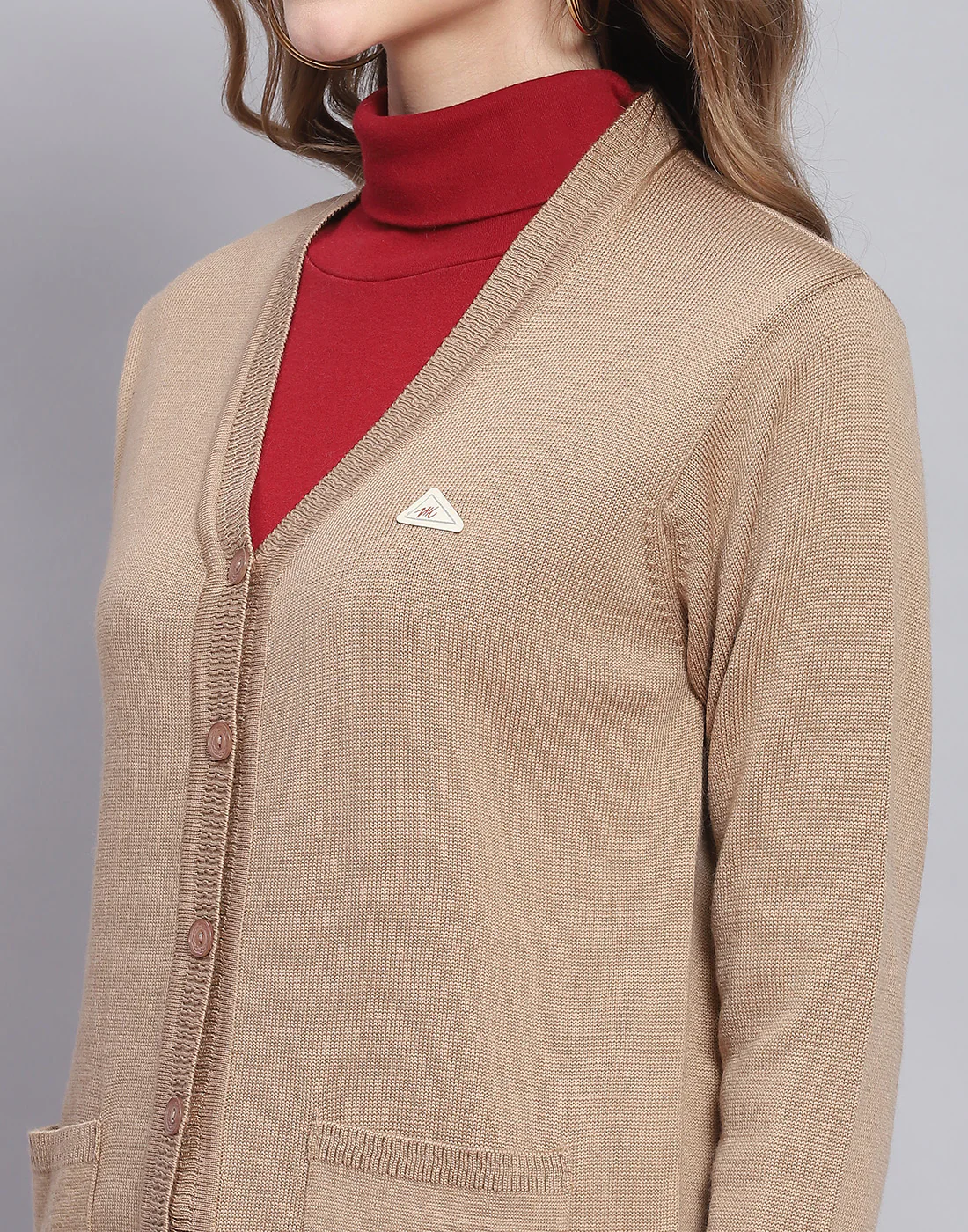 Women Camel Brown Solid V Neck Full Sleeve Cardigan - Image 6