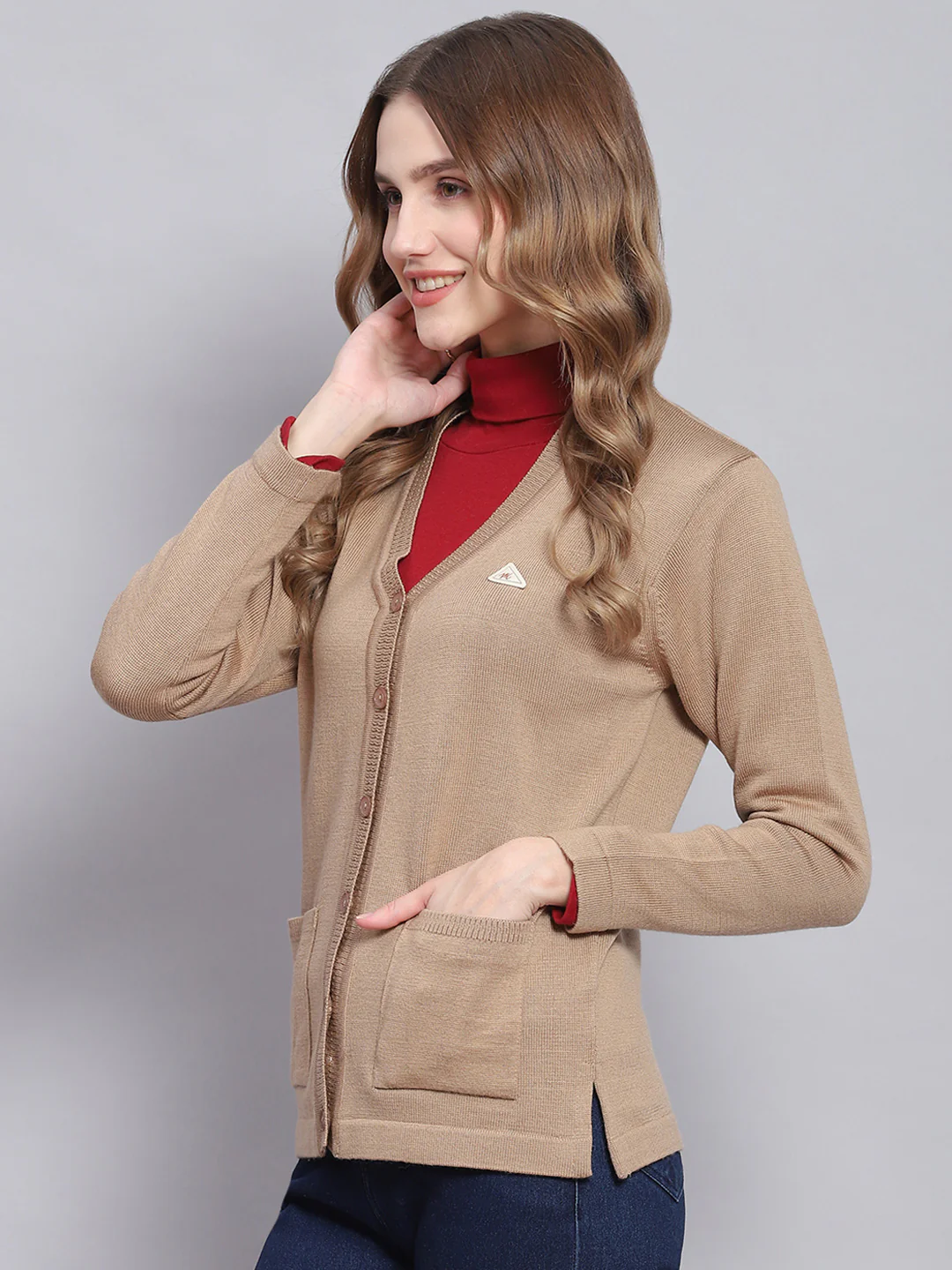 Women Camel Brown Solid V Neck Full Sleeve Cardigans - Image 3