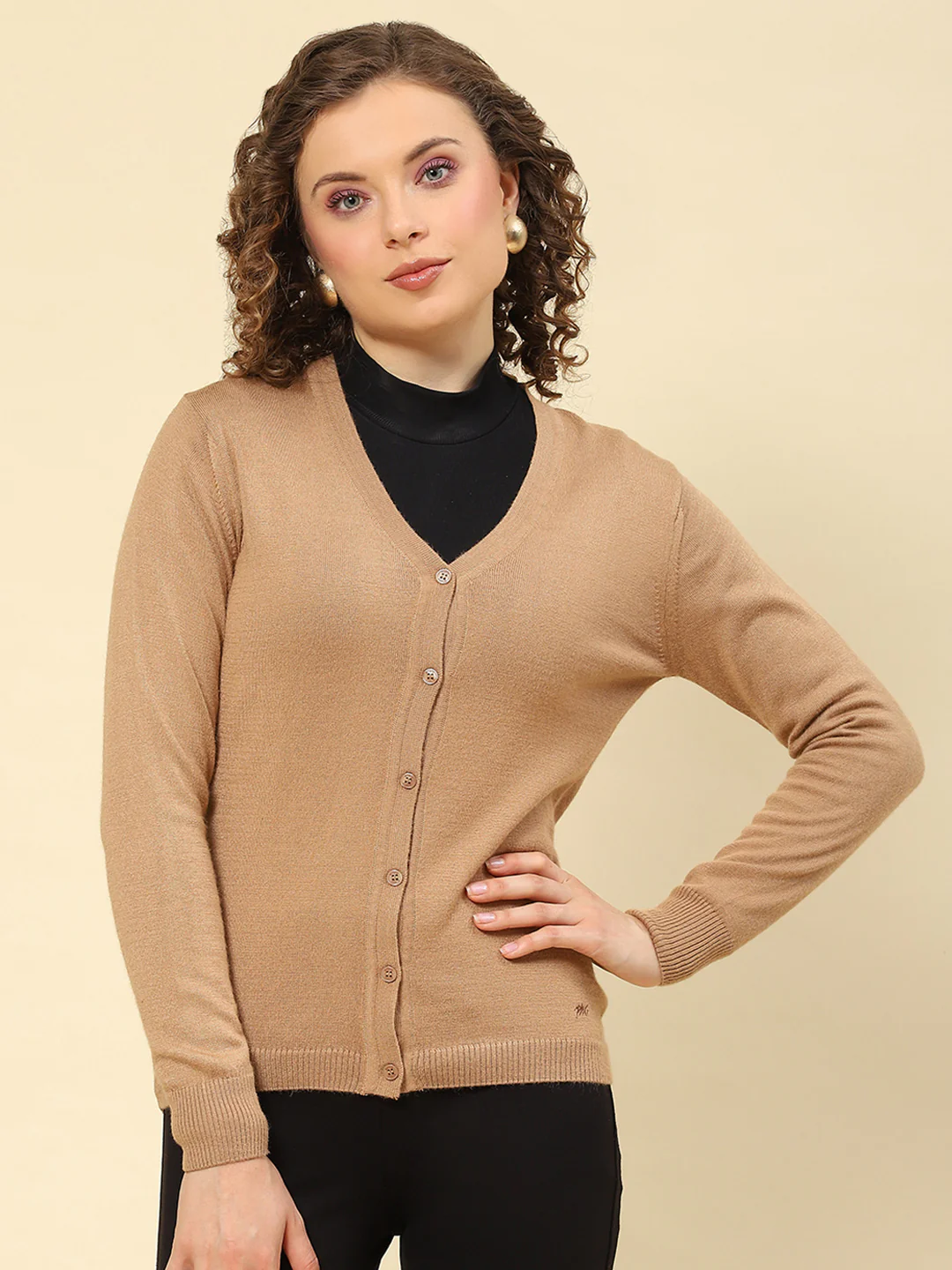 Women Camel Brown Solid V Neck Full Sleeve Cardigans - Image 3